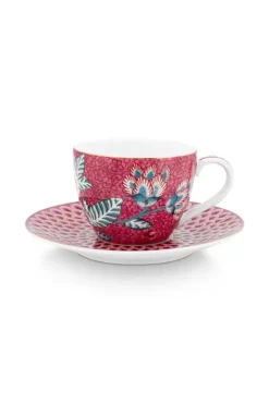 Pip Studio Kop/Schotel<Flower Festival Espresso Kop & Schotel Donker Roze