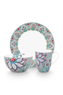 Pip Studio Sets Porseleinen Sets<Flower Festival Ontbijt Set/3 Licht Blauw