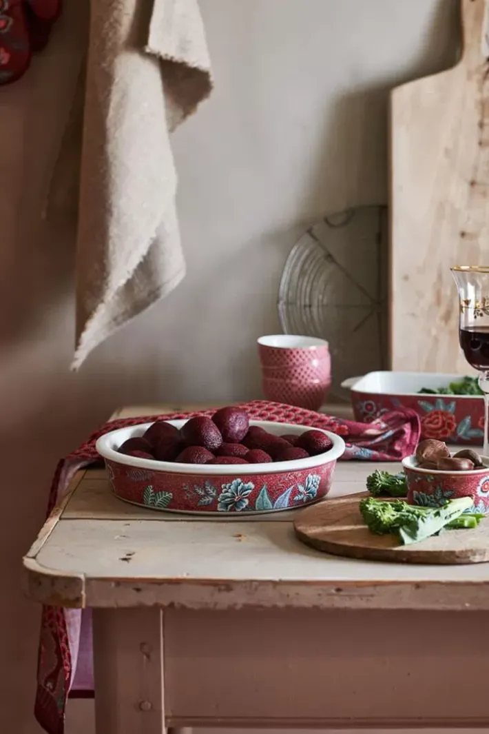Pip Studio Ovenschalen<Flower Festival Serveerschaal Rond Donker Roze
