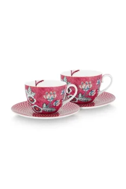 Pip Studio Kop/Schotel<Flower Festival Set/2 Cappuccino Kop & Schotel Donkerroze