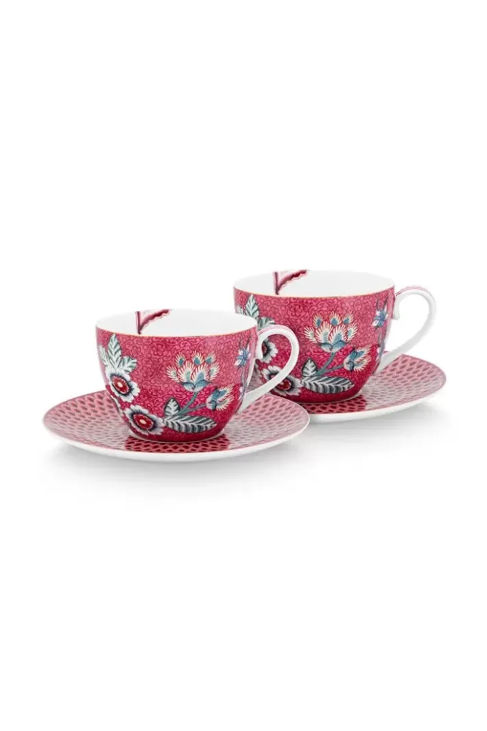 Pip Studio Kop/Schotel<Flower Festival Set/2 Cappuccino Kop & Schotel Donkerroze