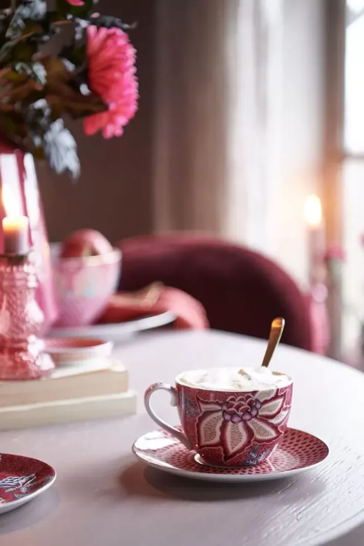 Pip Studio Kop/Schotel<Flower Festival Set/2 Cappuccino Kop & Schotel Donkerroze