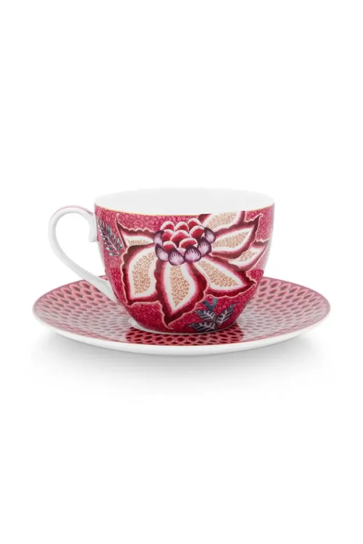 Pip Studio Kop/Schotel<Flower Festival Set/2 Cappuccino Kop & Schotel Donkerroze
