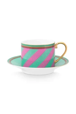 Pip Studio Kop/Schotel<Pip Chique Stripes Cappuccino Kop & Schotel Roze/Groen