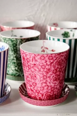Pip Studio Theemokken<Royal Stripes Mok Bloemen & Theetip Donker Roze